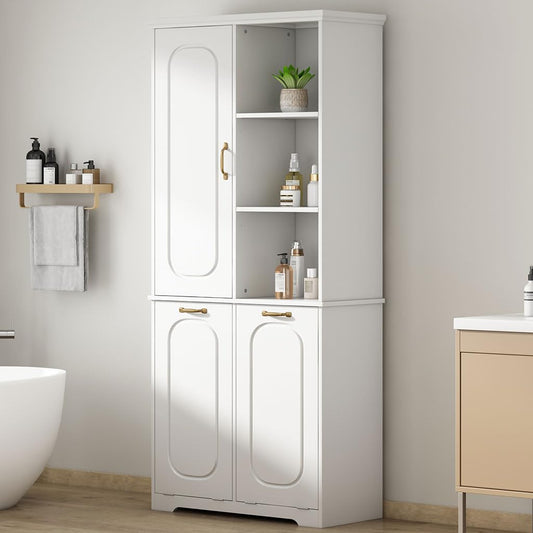 68" Bathroom Storage Cabinet with Double Tilt Out Laundry Hamper, Tall Freestanding Linen Cabinet with Adjustable Shelves & Door Organizer, Hidden Laundry Sorter for Bathroom Laundry Room, White,White