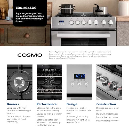 COSMO COS-305AGC 30 in. 5.0 cu. ft. Freestanding Single Oven Gas Range with 5 Burner Cooktop and Heavy Duty Cast Iron Grates in Stainless Steel
