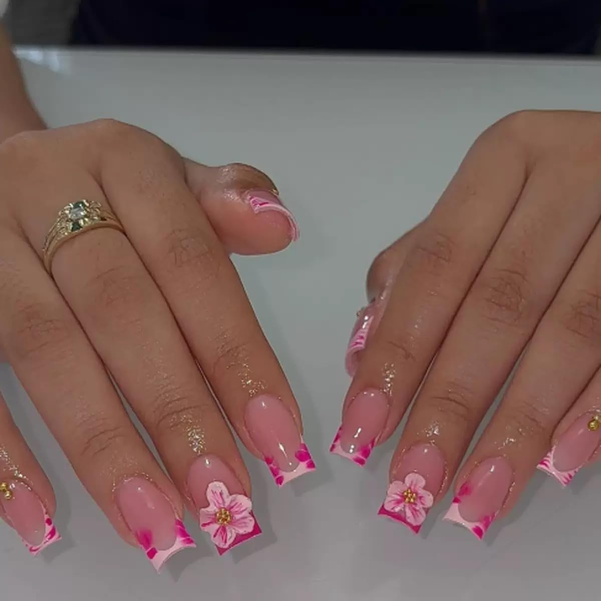 Medium Square Press on Nails - French Tip Fake Nails with 3D Flower Design - Pink False Nails Press ons - for Women 24 Pcs