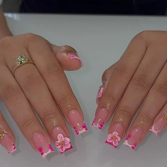 Medium Square Press on Nails - French Tip Fake Nails with 3D Flower Design - Pink False Nails Press ons - for Women 24 Pcs