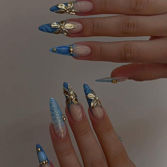 plalely Stiletto Press on Nails Long Blue Fake Nailwith 3D Charms Acrylic Nail Press ons Golden Embossed Stick on Nails for Women 24pcs