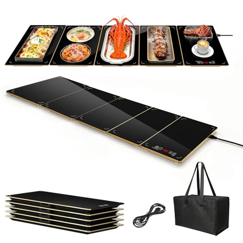 Electric Warming Tray XXXL 44"x16" with Storage Bag, Adjustable‑Size Food Warming Mat, 5‑in‑1 Expandable Modular, Food Warmer for Parties, Buffet, Catering & Gathering, 8‑Level Temp & Timer, Gold Edge