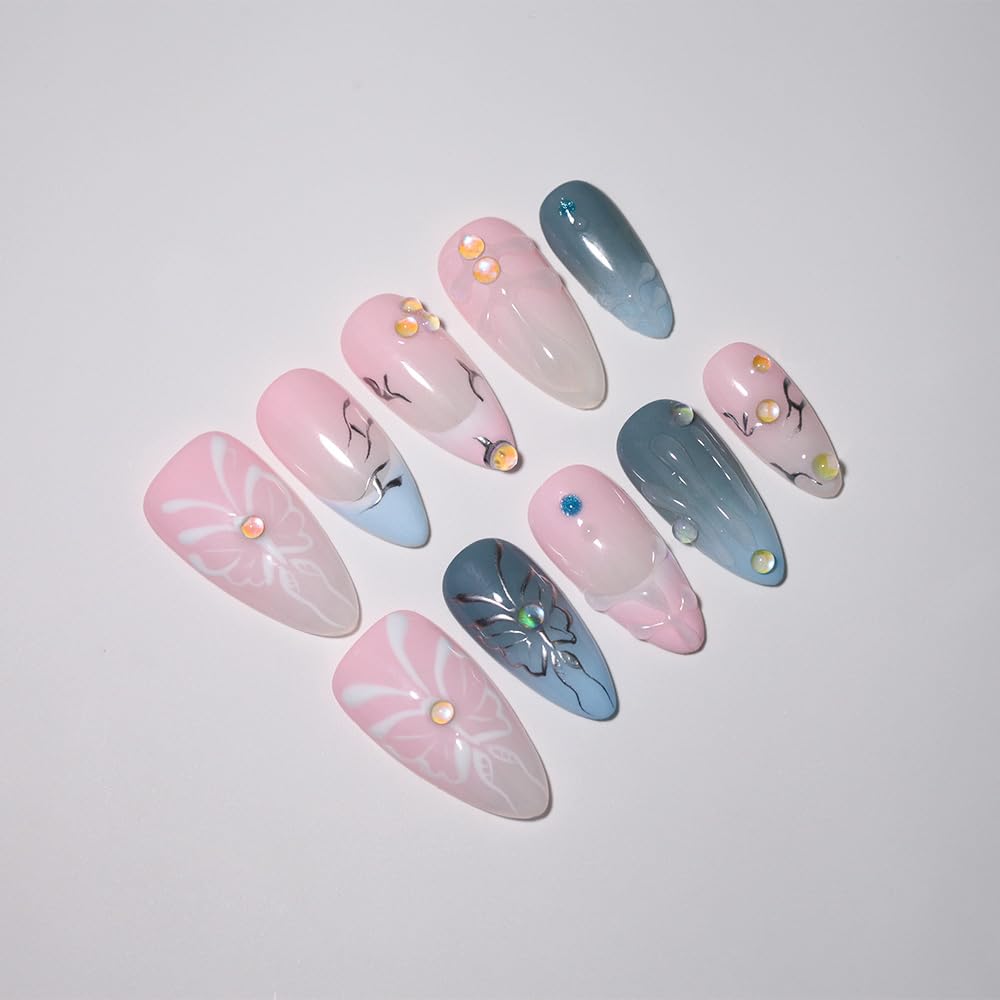 10PCS Luxury Handmade Press On Nails Nude Gradient Cat's Eye with Pearl Bow & Sparkling Rhinestones for Wedding & Party Reusable Almond Fake Nails Design Gift For Women and Girls (L03, S)