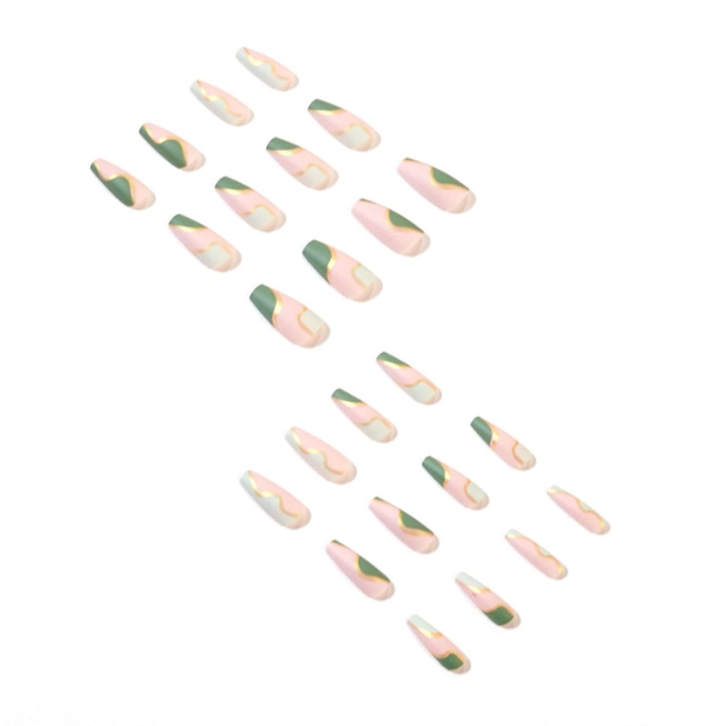 Hkanlre Coffin Press on Nails Gold Line Medium Fake Nails Acrylic Geometry False Nails Full Cover Nails for Women and Girls 24PCS