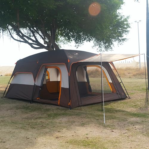 KTT Extra Large Tent 12 Person,Family Cabin Tents,2 Rooms,3 Doors and 3 Windows with Mesh,Straight Wall,Waterproof,Double Layer,Big Tent for Outdoor,Picnic,Camping,Family Gathering(Brown)