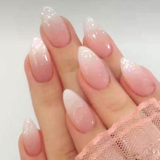 RUPOFUZA Almond Press on Nails - 24pcs Ombre Pink White Fake False Nails with Gloss Designs Acrylic Nail Press ons Artificial Stick on Nail for Women