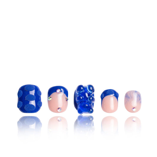 LOVFUL Press on Nails Little Blue Bear Blue French Tip| Handmade with Full Covered Crystals | Reusable Fake Nails | Square Short 0.8 in | H132-L