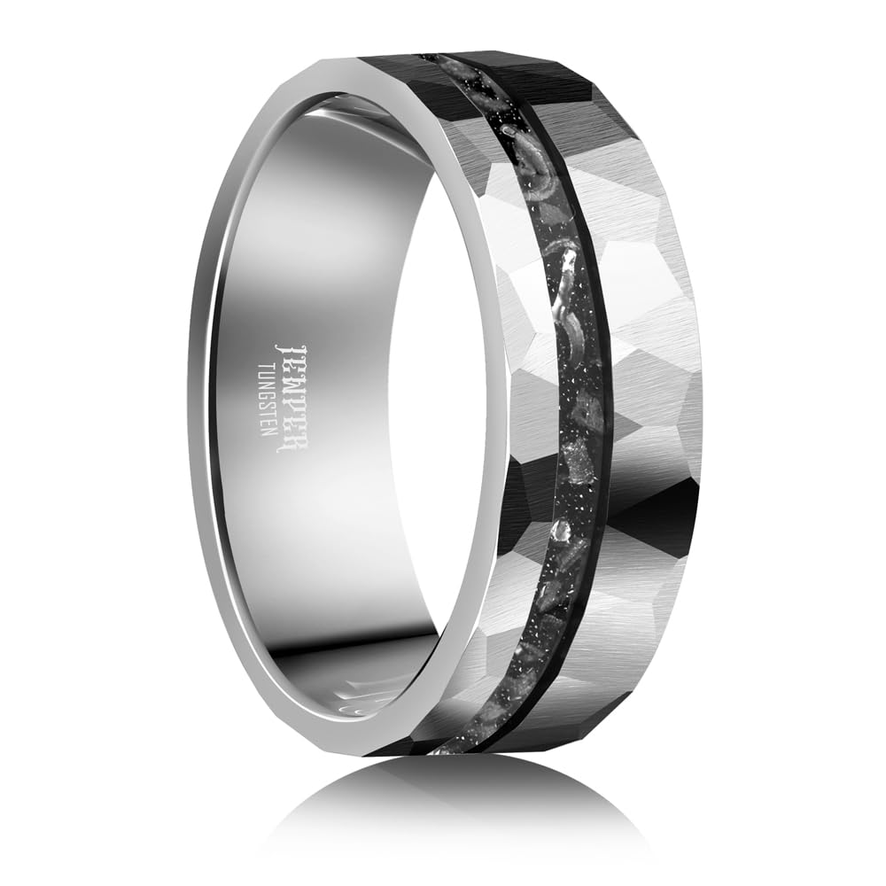 JEWPER 8mm Men Womens Wedding Band Tungsten Rings silver Hammer pattern Fashion Promise Carbide Inlaid Iron Filings Matte Finish Edge Comfort Fit size(13)