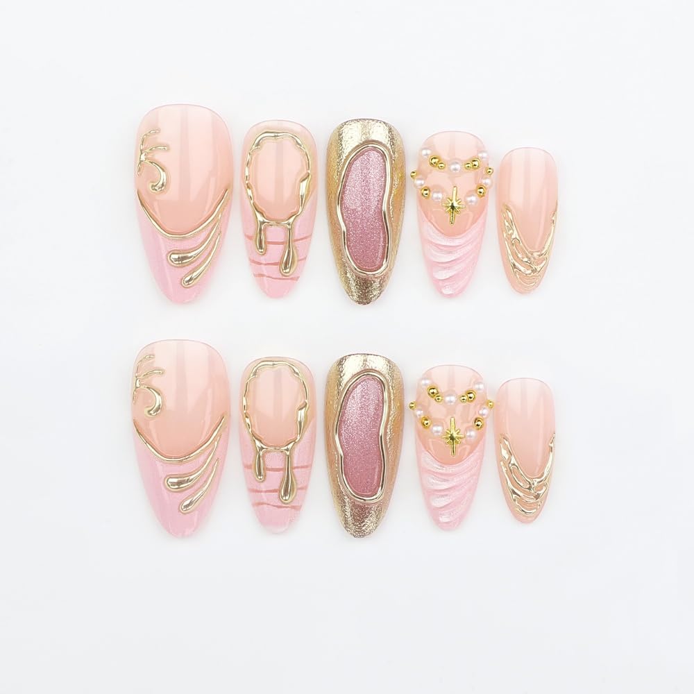 Almond Press on Nails Medium Glue on Nail with 5D Gold Lines Design Pink Glitter Acrylic Nails Glossy Pink French Tips Fake Nails Spring Summer Star Pearl Nail Press on for Women Manicure 24Pcs