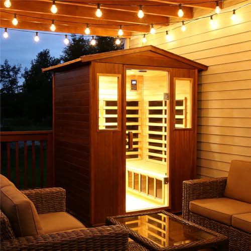 Kanlanth Outdoor Sauna 4 Person Low EMF Far Infrared Sauna for Home, 2050W Mahogany Wooden Sauna Room for Outdoor Indoor Home, with Blue-Tooth, LCD, LED