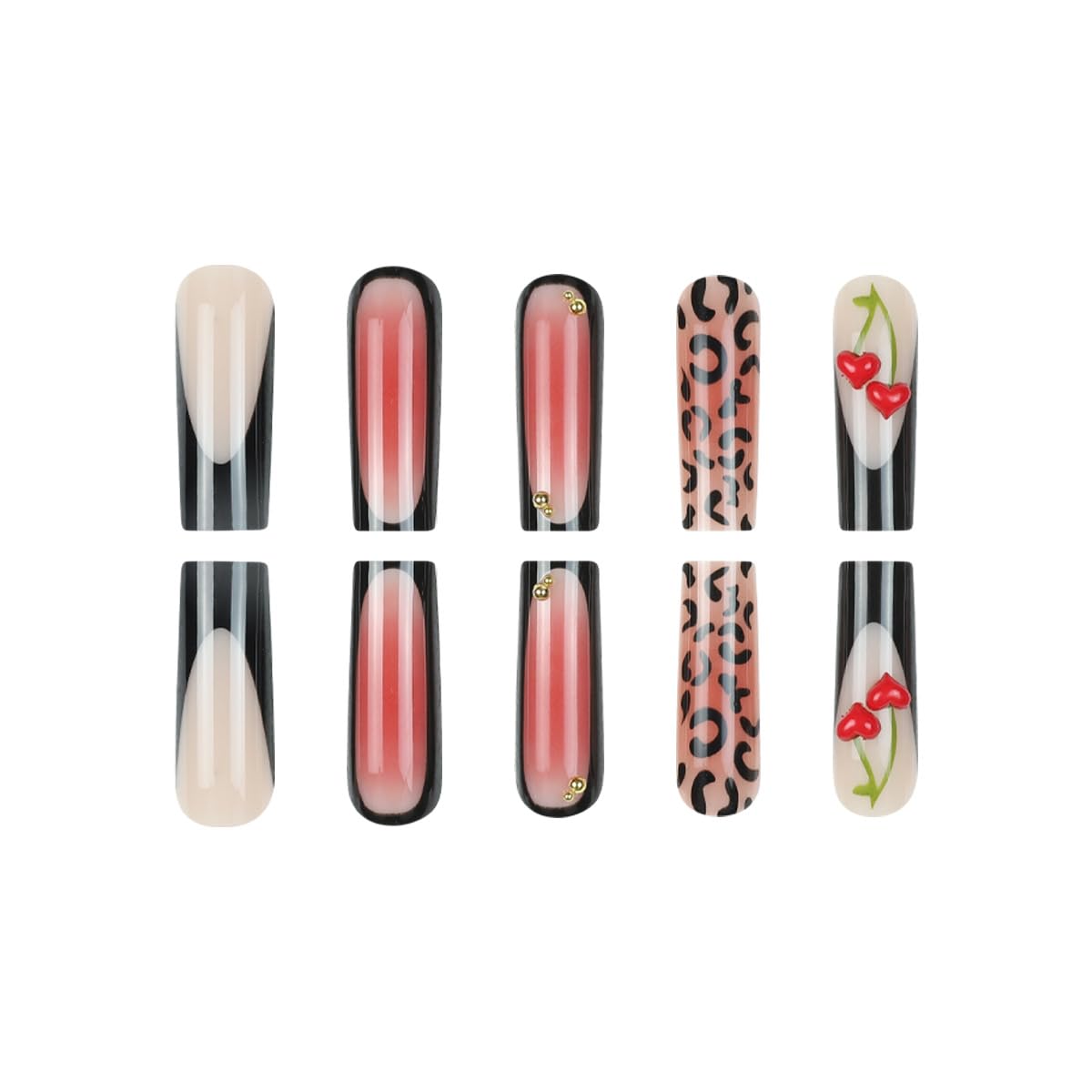 Long Square Press on Nails Fake Nails Artificial Nail Stick on Nail for Women, Leopard Print & Hearts, Black White French with Gold Bead Accents