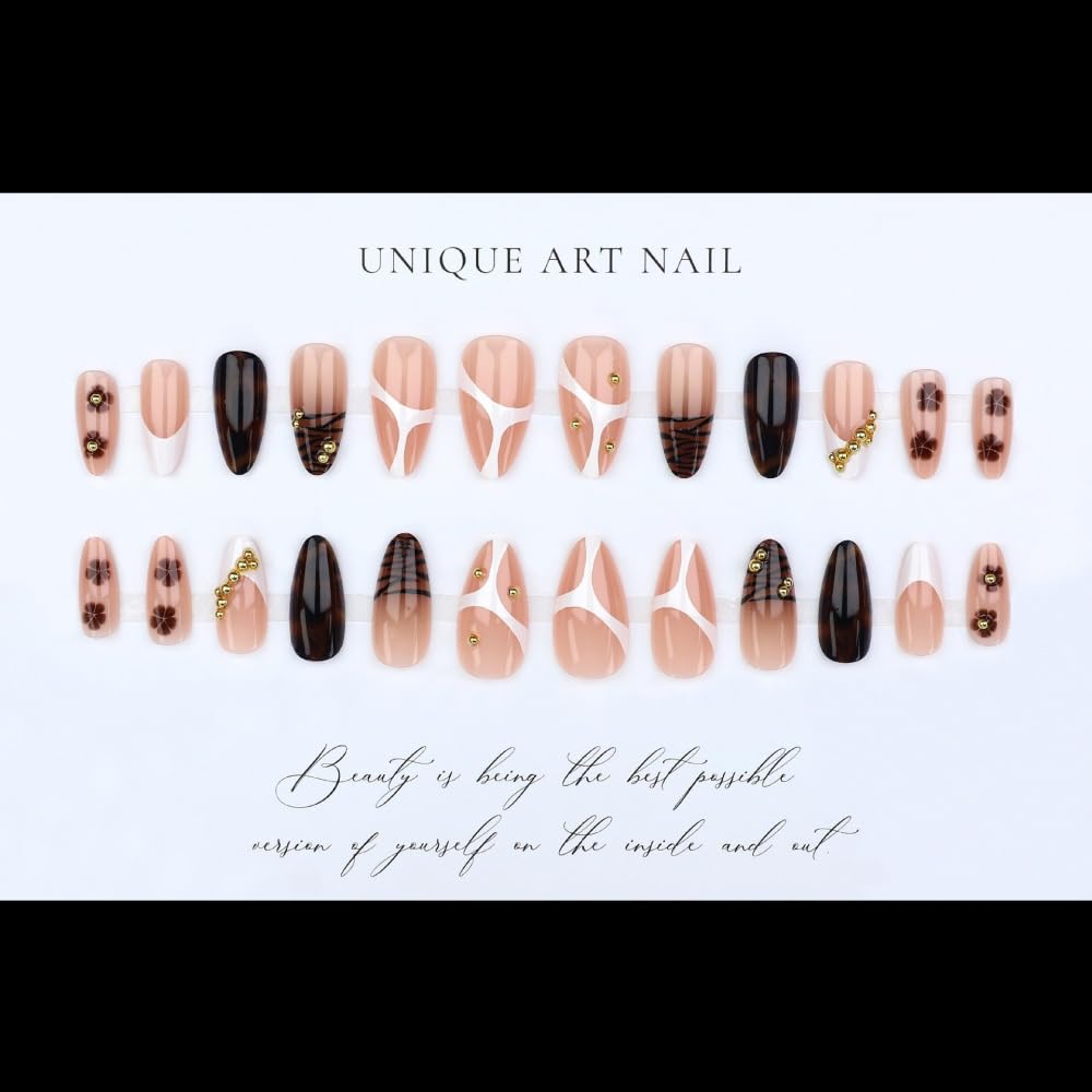 French Tips Press on Nails Medium Almond Nails Press on with 5D Rhinestones Flower Charm Design Glossy Brown Leopard Glue on Nails Tortoise Shell Fake Nail Fall Winter Nail for Women Manicure 24Pcs
