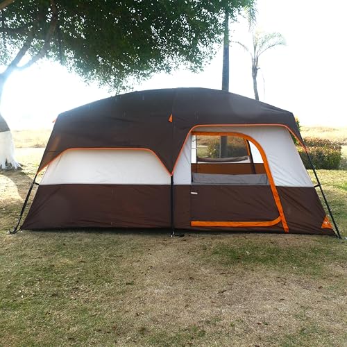 KTT Extra Large Tent 12 Person(A),Family Cabin Tents,2 Rooms,3 Doors and 3 Windows with Mesh,Straight Wall,Waterproof,Double Layer,Big Tent for Outdoor,Picnic,Camping,Family Gathering(Brown)