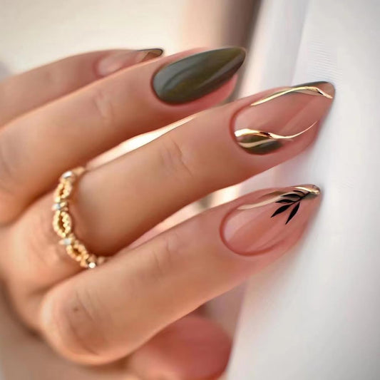 Almond Press on Nails Green Leaf Fake Nails Medium Full False Nails with Designs Leaves Glue on Nail Reusable Artificial Stick on Nail Glossy Line Acrylic Nails DIY Manicure Decoration for Women 24Pcs