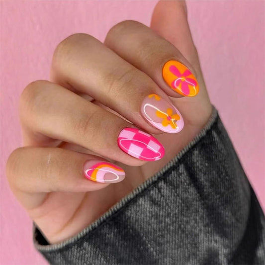 24 Pcs Colorful Graffiti Press on Nails Short Almond False Nails with Rainbow Flower Pattern Designs - French Tip Fake Nails Spring Acrylic Stick on Nail Artificial Glue on Nail for Women