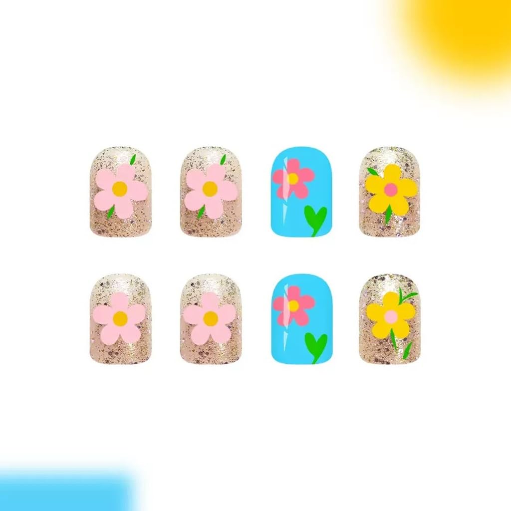 CTTHNBD Short Press on Nails - Square Fake Nails with Colorful Flower Design - Glossy Glitter Full Cover Stick on Nails for Women - 24 Pcs