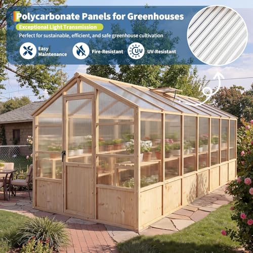 8X14 ft Outdoor Wooden Greenhouse with Lockable Door, Adjustable Roof Vent & Polycarbonate Panels, UV Protection, Large Cedar Wood Walk-in Green House for Garden, Backyard, Patio, Lawn, Light Brown