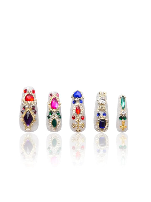 LOVFUL Reusable Press on Nails | Treasure Trove Rhinestone | Salon Quality Sustainable Style Handmade with Full Covered Crystals | Coffin Classic Regular 1.3 in | H103-S