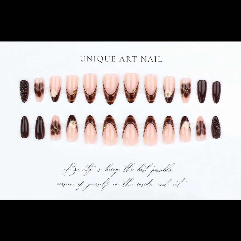 French Tips Press on Nails Medium Almond Nails Press on with 5D Rhinestones Flower Design Glossy Brown Leopard Glue on Nails Tortoise Shell Fake Nail Water Ripple Fall Winter Nail for Women 24Pcs