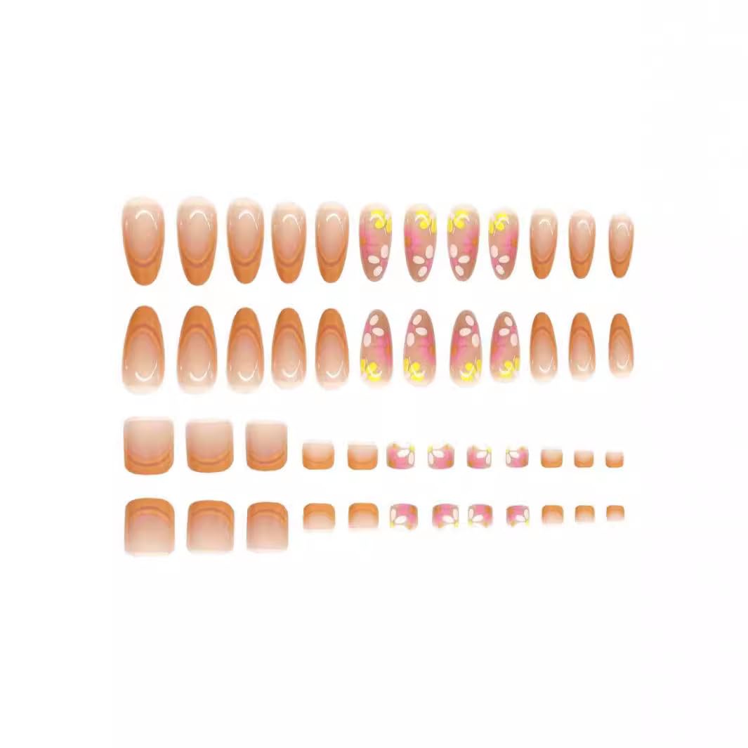 CTTHNBD Almond Press on Nails Medium & Square Press on Toenails Set, Flower Fake Nails, Spring False Nails Kit - for Women 48 Pcs