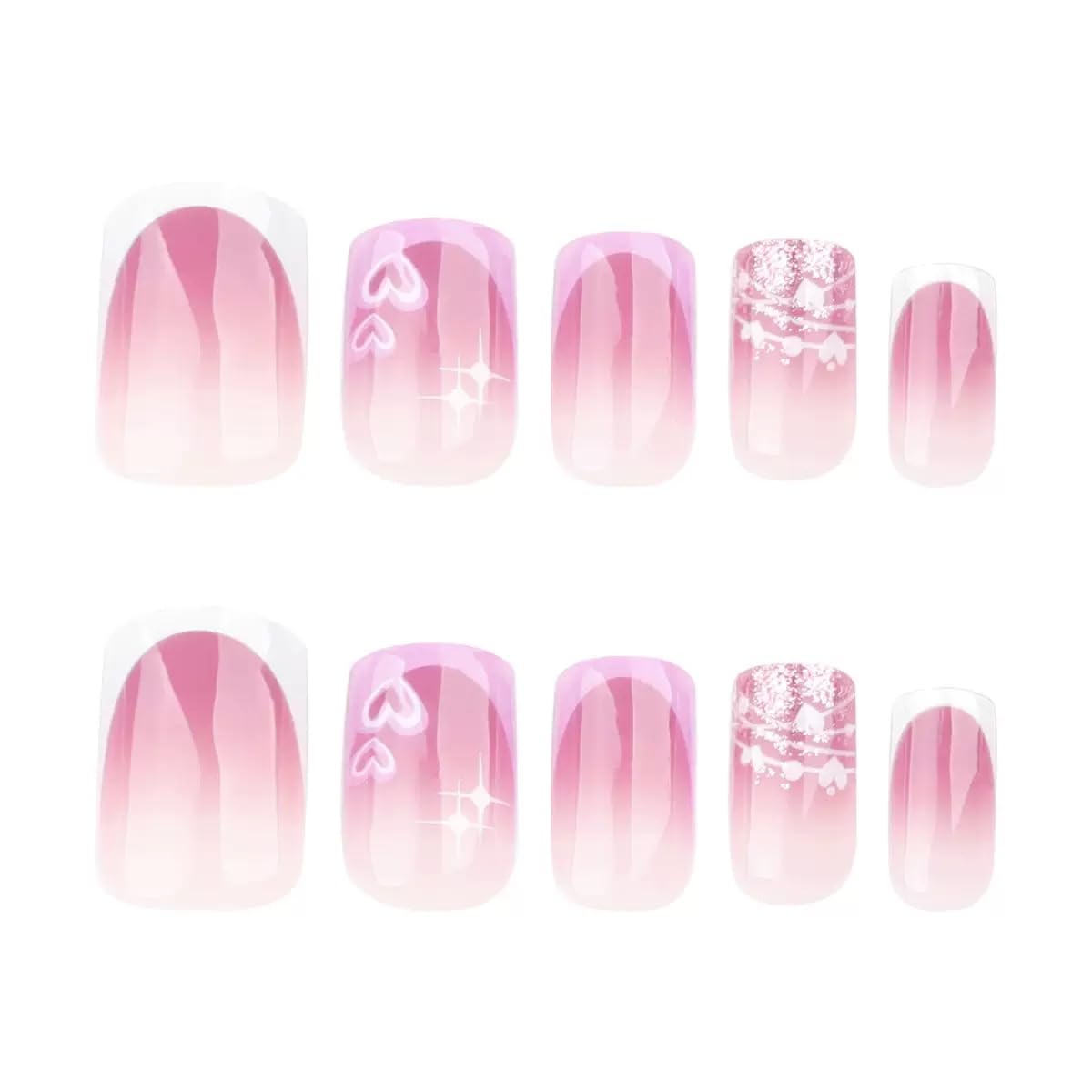 CTTHNBD Press on Nails Short Square Acrylic False Nails French Tip Heart Design Glitter Glossy Full Cover Stick on Nails 24Pcs