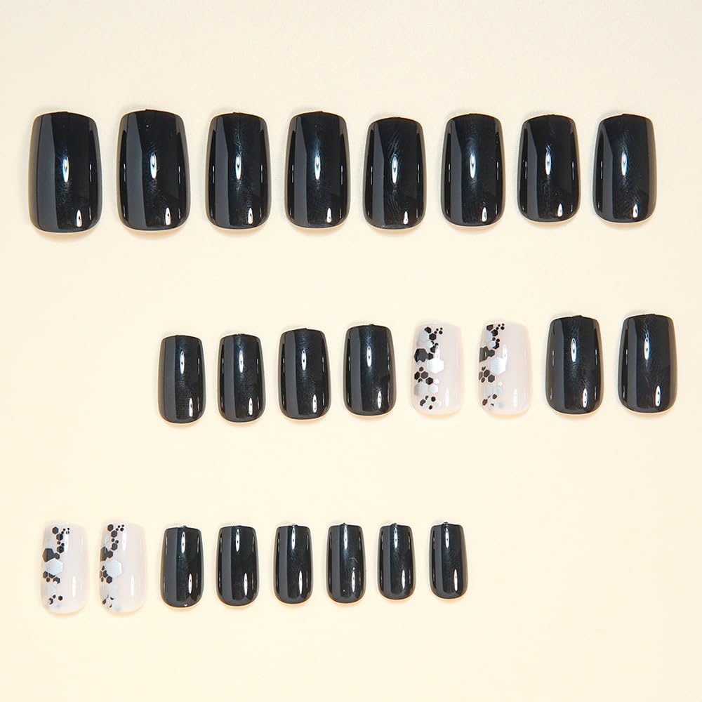 CTTHNBD Press on Nails Black - Medium Square Fake Nails with Silver Pattern Design - Glossy Full Cover Stick on False Nails - for Women 24 Pcs
