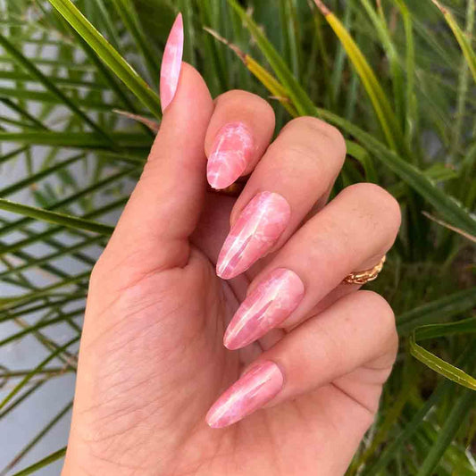 PINK MARBLE Press-On Nails by Lavaa Beauty | Medium Almond Press-On Nails | Pink Glossy Marble Nail Art