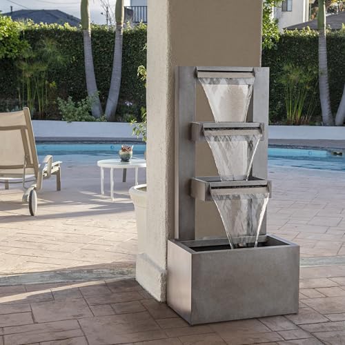 Alpine Corporation 43" Tall Multi-Tier Waterfall Fountain - Industrial Style Water Feature for Garden, Patio, Yard, Backyard, Relaxing Water Flow, and Serene Landscaping, Gray