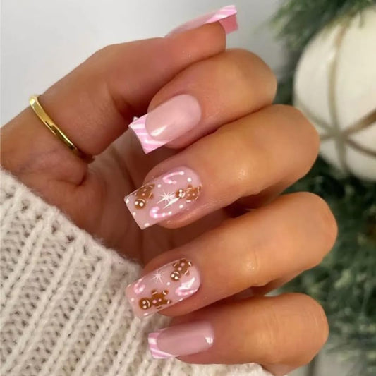Pink French Tip Press on Nails Christmas Gingerbread Man Cane Nude Pink Nails Press ons Medium Square Fake Nails for Women Full Cover Cute Christmas Glue on Nails Holiday Nails