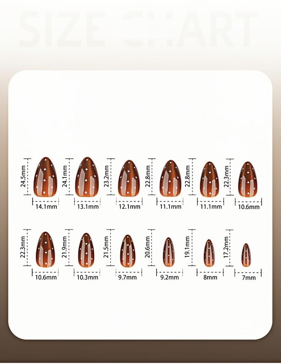Brown Cat Eye Press on Nails - Medium Almond Fake Nails with Polka Dot Designs False Nails Glossy Glue on Nails Reusable Full Cover Stick on Nails for Women Manicure 24Pcs