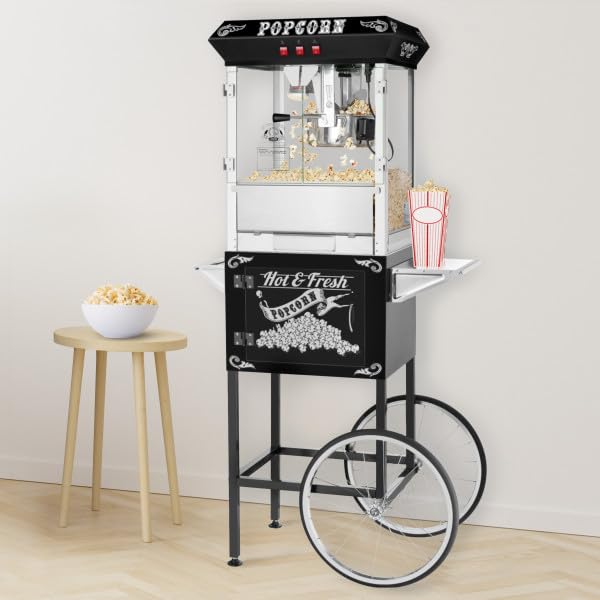 Popcorn Machine with Cart – 8oz Popper with Stainless-steel Kettle, Heated Warming Deck, and Old Maids Drawer by Superior Popcorn Company (Black)