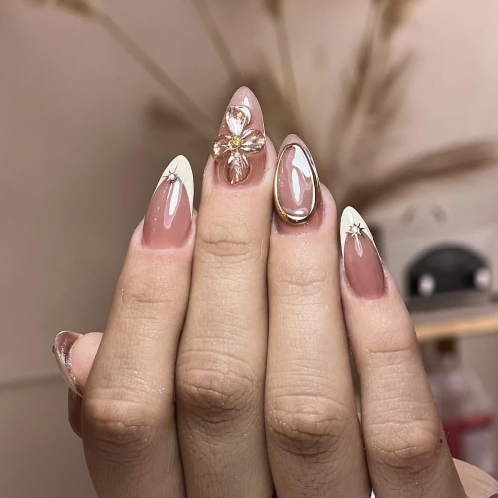 Ombre Press on Nails Medium Almond Fake Nails with Gold Flowers Design Glossy White French Tips Glue on Nail Gold Lines Nails Press ons Reusable Full Cover Spring Summer Nail for Women Manicure 24Pcs