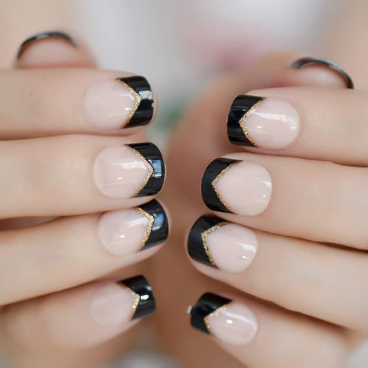 iMABC Press on Nails - Nude Black French Glitter Tips Fake Nail | Cute Short Glossy Shiny Solid False Nails | Glue Acrylic Decoration Manicure Gift for Girls Women 24Pcs