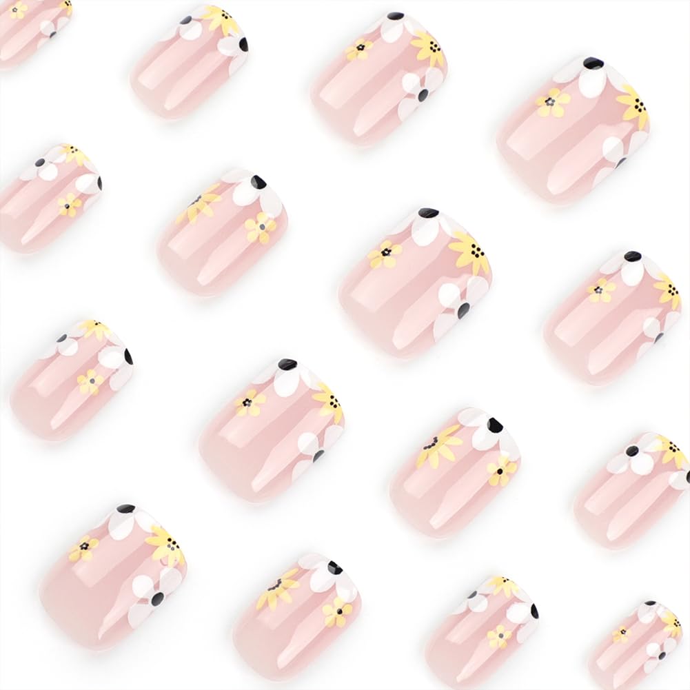 Press On Nails Short, Acrylic Nails Press on, Short Square Press on Nails Fake Nails Glossy False Nails with Flowers French Tip Nails Press ons Designs Artificial Nails Stick on Nails for Women 24Pcs