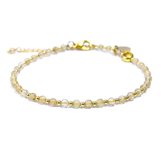 Morchic 3mm Yellow Rutilated Quartz Natural Gemstone Beaded Bracelet for Women, Dainty Charm Jewelry, Adjustable 7.1-8.6", Ideal Birthday Holiday Gift