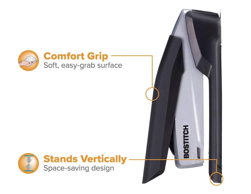Bostitch Office Executive 3 in 1 Stapler, Includes 210 Staples and Integrated Staple Remover, One Finger Stapling, No Effort, 20 Sheet Capacity, Spring Powered Stapler, Black/Gray (INP20)