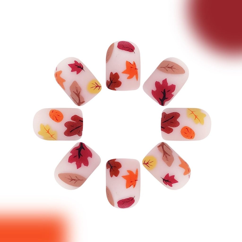 Fall Press on Nails Short - Square Fake Nails with Maple Leaf Design - Thanksgiving Day False Nails, Matte Stick on -for Women 24 Pcs