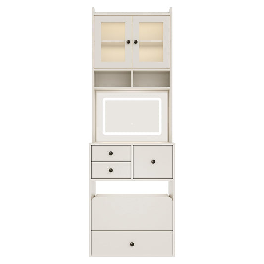 GarveeHome 3-in-1 Vanity Desk with LED Mirror & Chair – Tall Makeup Vanity Set with 2 AC Outlets & USB-c Port – Storage Drawers with Acrylic Doors, Jewelry Organizer & Nightstand Function