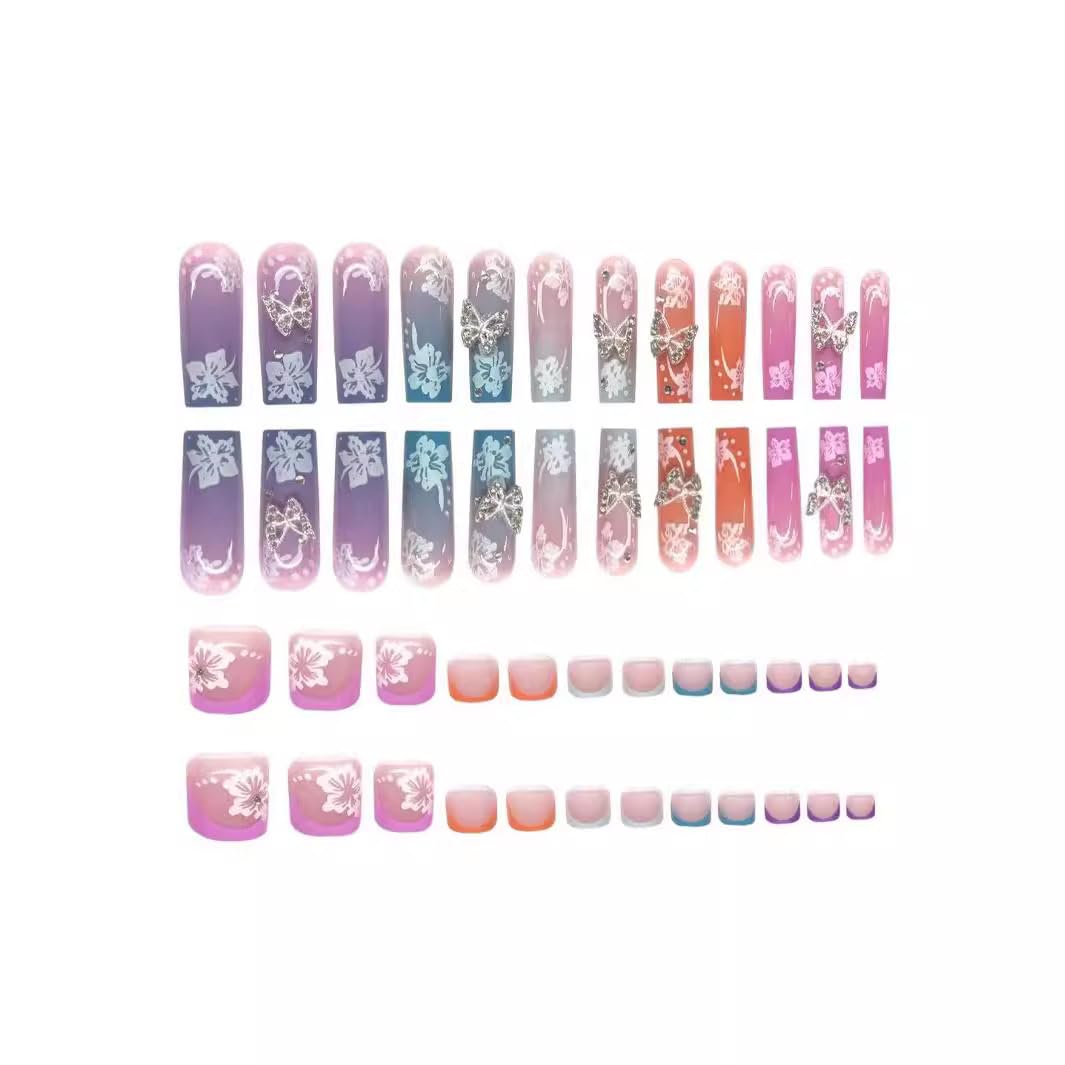 CTTHNBD Press on Nails Long Square & Fake Toenails Set, Flower Butterfly Charms Design - Spring Press on Toe Nails for Women - 48 Pcs