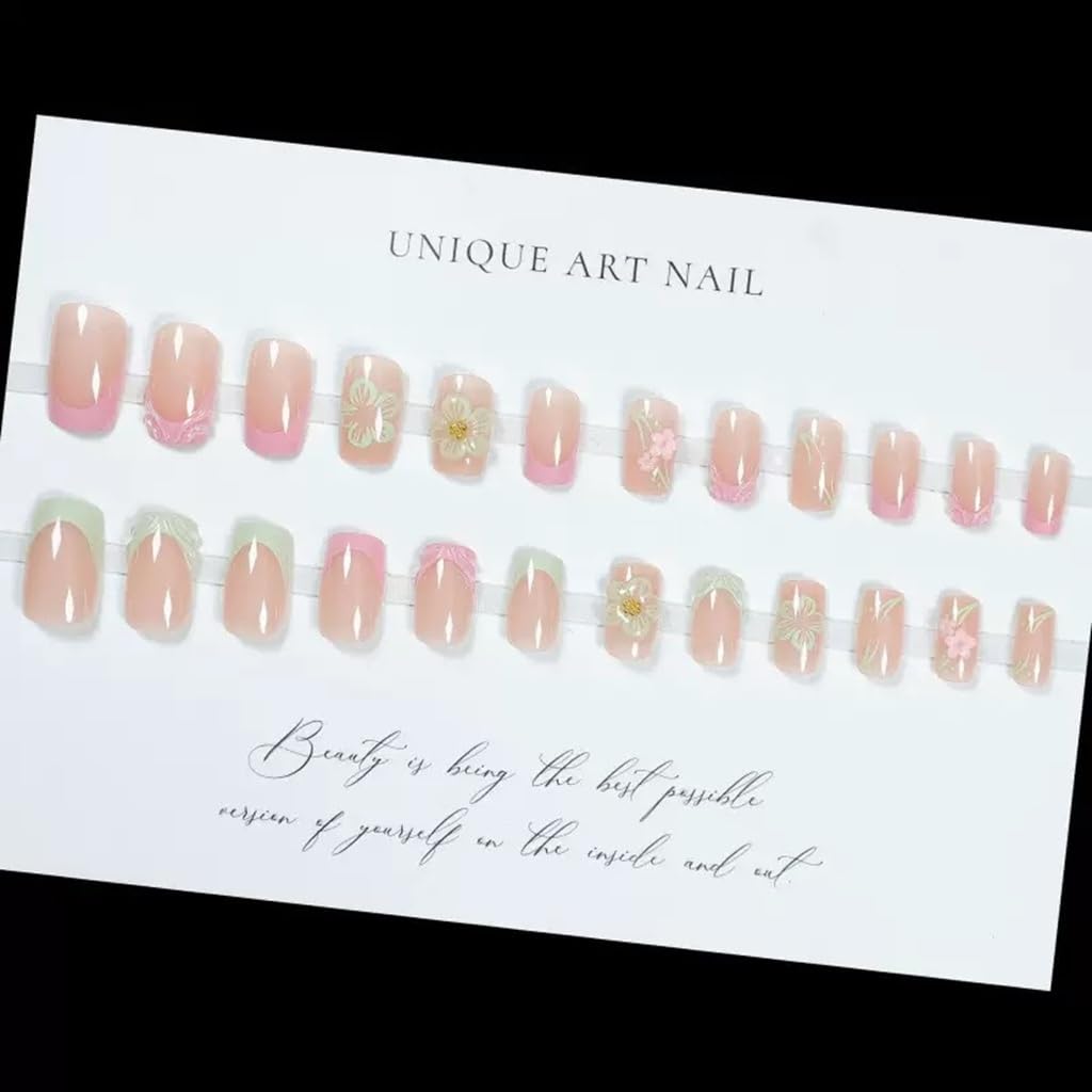CTTHNBD Square Press on Nails - Medium Fake Nails with Flower Design - Green, Pink French Tip False Nails Press ons - for Women 24 Pcs