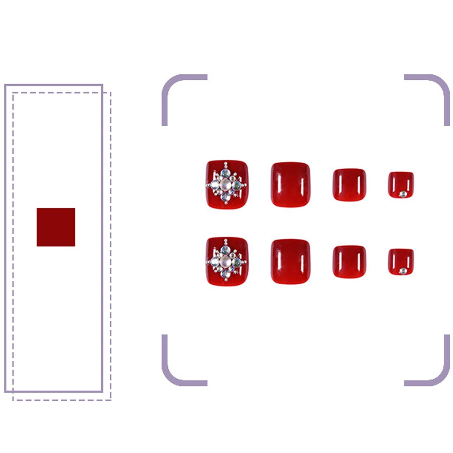 Red Artificial Acrylic Fake Nails for Toe, Press on Toenails Coffin with Rhinestone Designs, Full Cover Reusable False Toenails with Glue, Glue on Toe nails with Charm for Women Girls（JP1057）