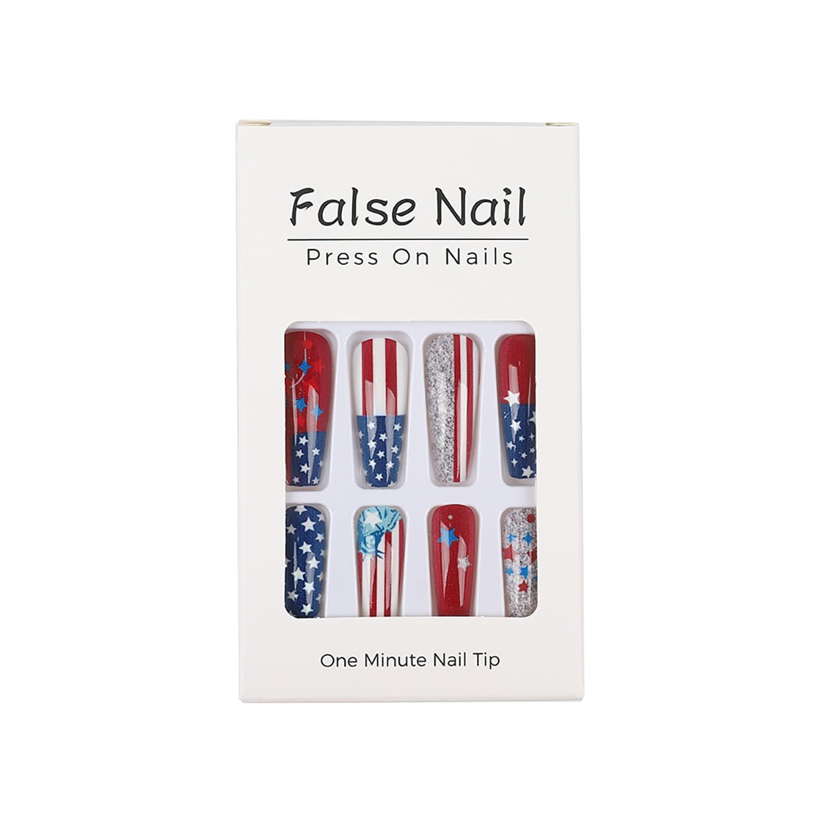 Independence Day Press on Nails Long Square Fake Nails Red Blue Star Stripe Design 4th of July False Nails Glitter Stick on Nail Gradient Glue on Nail for Women Holiday Decoration Art Nail Supplies