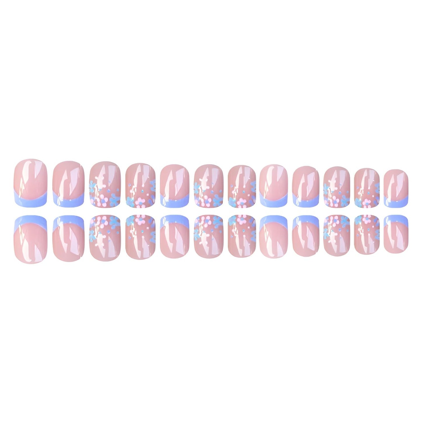 Flower Press on Nails Short Square Fake Nails French Tip Nails Press Ons Summer Spring False Nails Purple Blue Glue on Nail Glossy Full Cover Stick on Nail for Women Decorations Set 24Pcs