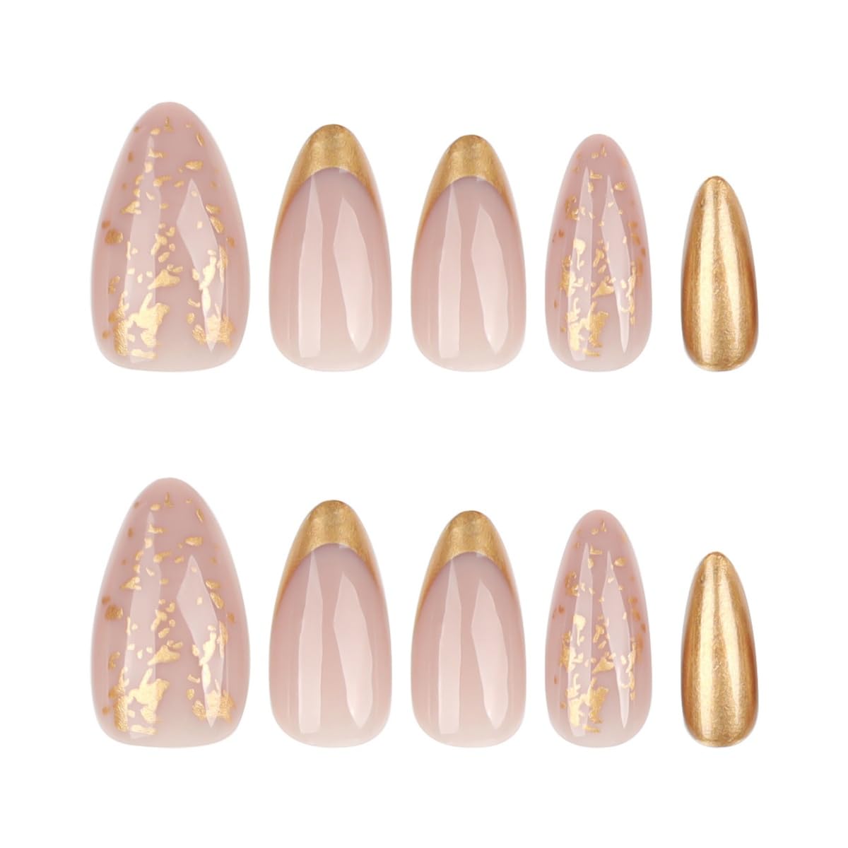 French Tip Press on Nails Medium Almond Gold Foil Glue on Nails Glitter Fake Nails Full Cover Nude Glossy False Nails for Women DIY Manicure Decoration 24PCS Reusable Acrylic Nails