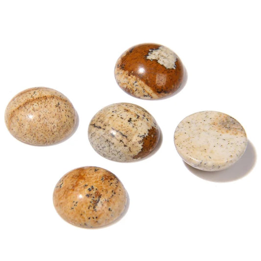 20pcs 12mm Natural Stone No Hole Brown Picture Semicircle Smooth Cabochons Beads Healing Chakra Crystal Stone Bead for Jewelry Making Rings Earrings Necklace Bracelet DIY Crafts
