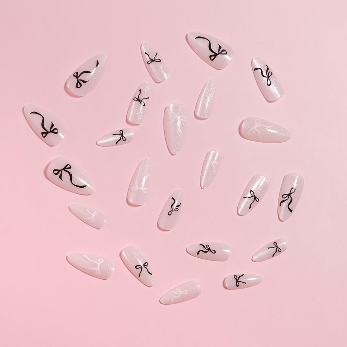 Silver Cat Eye Press on Nails - Medium Almond Fake Nails with Bow Designs False Nails Glitter Glue on Nails Reusable Full Cover Stick on Nails for Women Manicure 24Pcs