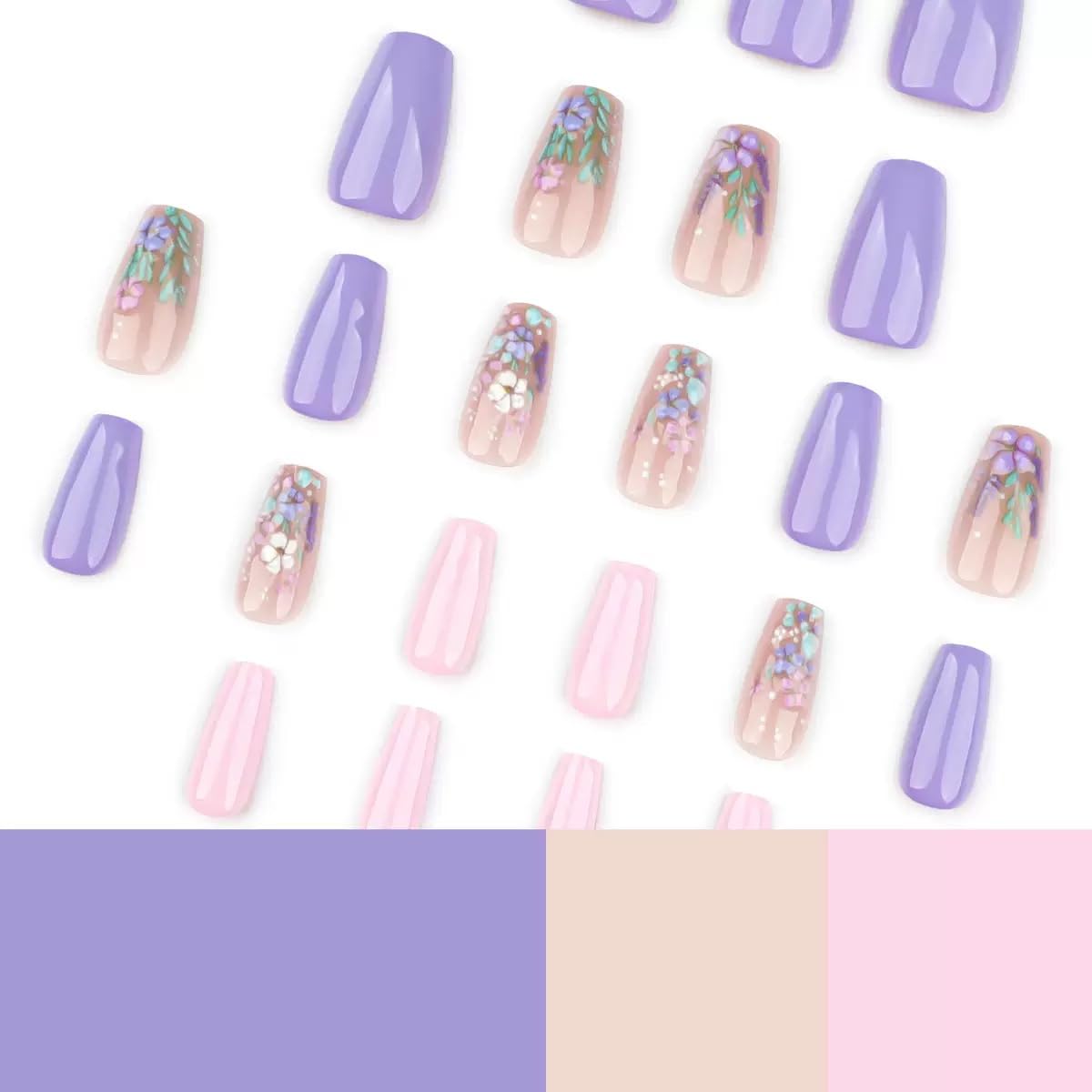 CTTHNBD Press on Coffin Nails - Medium Fake Nails with Flower Design - Purple False Nails Press ons - for Women 24 Pcs