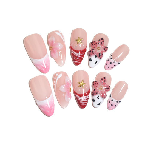 10 Almond Handmade Press - On Nails | 3D Floral, Starfish & Polka Dot Design, Pink & Red Accents | Skip Salon Trips,Reusable & Easy to Apply (25910, XS)