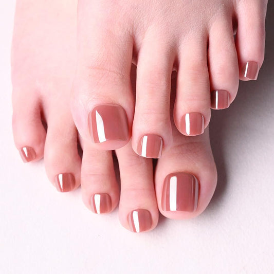 evpct Brown Glazed Press on Toenails Square for Women Gift, Glossy Square Fake Stick Press on Toe Nails, Soft Stick on Toenail Set with Kit, Lightweight Perfectly Fit Full Cover Fake Toenails 32Pcs
