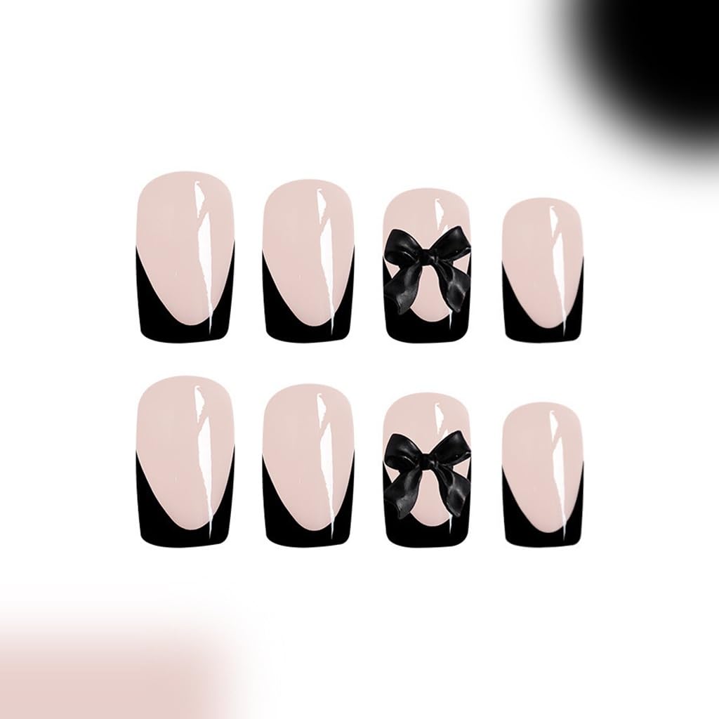Black French Tip Press on Nails Square Fake Nails Medium False Nails with Bow Charms Design Glue on Nails Glossy Full Cover Stick on Nails Cute Acrylic Nails Press ons for Women Manicure 24Pcs